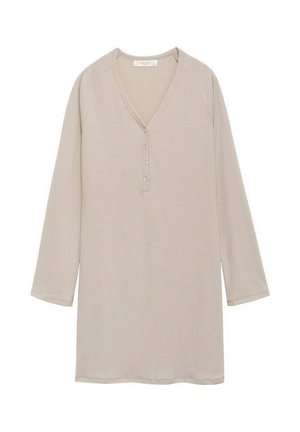 Beige långärmad tunika med V-formad halsringning, utrustad med en knappslå fram och ett strukturerat tyg.