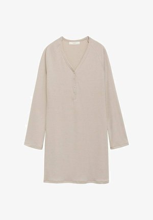 Beige tuniek met lange mouwen en een V-hals, met een knoopsluiting aan de voorkant en een gestructureerde stof.