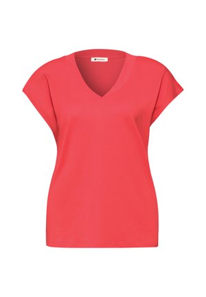 Rød dames topp med korte ærmer og V-udskæring, afslappet pasform, lavet af glat stof, med en lille label inde i kraven.