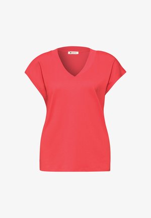 Rode dames top met korte mouwen en V-hals, comfortabele pasvorm, gemaakt van gladde stof, met een klein label aan de binnenkant van de kraag.