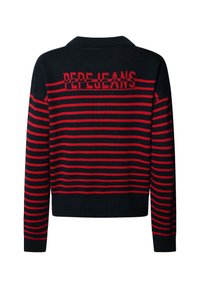 Pull à manches longues rayé noir et rouge avec le texte « PEPE JEANS » tricoté sur le haut du dos et des poignets et ourlet côtelés.