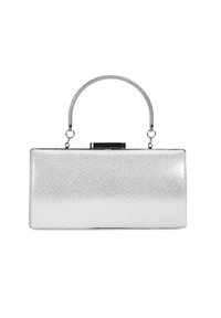 Glänzende silberne rechteckige Handtasche mit strukturierter Oberfläche, einem verchromten Metallgriff und einem Verschluss oben.