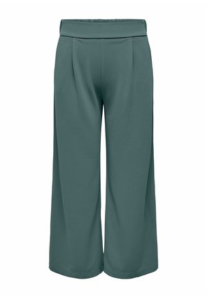 Pantalon large, taille haute, raccourci, vert doux, avec plis avant sur mesure et ceinture dissimulée, présenté sur fond blanc.
