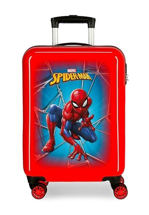 Valigia rigida rossa con quattro ruote rosse, manico telescopico e Spider-Man accucciato su uno sfondo di ragnatela con logo Marvel Spider-Man.