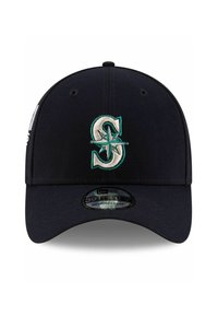 Marineblaue Baseballkappe mit einem gestickten türkisen "S"-Logo und Stern-Design. Gebogener Schirm, New Era 39THIRTY Label auf der Unterseite.
