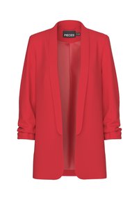 Blazer rouge à ouverture avant, avec des revers structurés et des manches retroussées. Confectionné dans un tissu lisse, avec une étiquette portant la mention "PIECES".