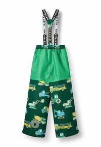 Pantaloni impermeabili verdi con bretelle nere regolabili. Presentano design stampati colorati di vari veicoli. Caviglie con zip nella parte bassa.