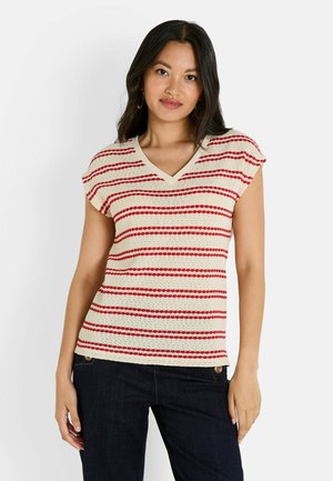 Top de punto de manga corta en crema con rayas rojas, escote en V y patrones texturizados. Se lleva con pantalones de mezclilla oscuros y detalles metálicos mínimos.