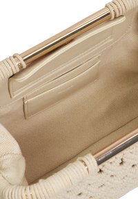 Beige woven handbag with a smooth inner lining, gold-tone hardware, and a secure pocket. Textured body with a rounded handle.