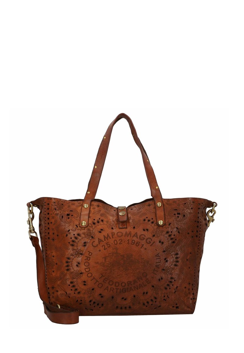 Borsa a mano in pelle marrone con design a taglio laser, dettagli in hardware dorato, due manici superiori e una tracolla removibile.