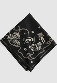 Bandana noir plié avec des illustrations sur le thème cowboy en blanc, y compris un taureau, une corde, des bottes, des formes d'étoiles et le logo Levi's au centre.