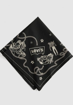 Svart vikbar bandana med vita cowboy-tema illustrationer, inklusive en tjur, rep, stövlar, stjärnor och Levi's logotyp i mitten.