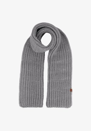 Grau gestrickter Schal mit einem gerippten Muster, ausgestattet mit einem seitlichen Etikett. Der Schal ist lang und rechteckig, entworfen für Wärme und Komfort.