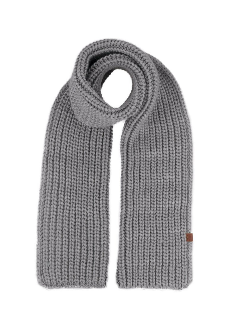Szary, dziany szalik o ribbowym wzorze, z boczną metką. Szalik jest długi i prostokątny, zaprojektowany z myślą o cieple i komforcie.