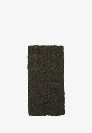 Dikke wollen sjaal in donker groen met een gestructureerd, geribd patroon. Rechthoekige vorm, licht oneffen randen, met een zachte, pluizige afwerking.