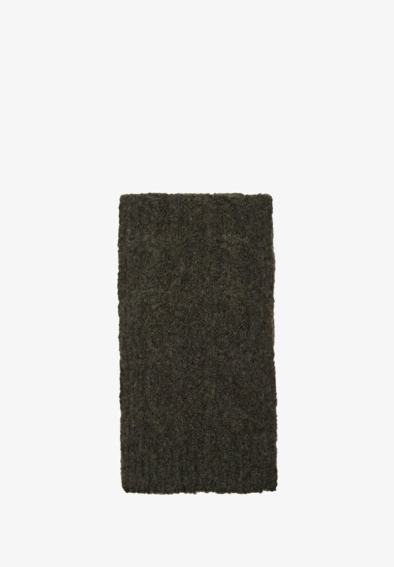 Dicker wollener Schal in Dunkelgrün mit einem strukturierten, gerippten Muster. Rechteckige Form, leicht unebene Kanten, mit einem weichen, flauschigen Finish.