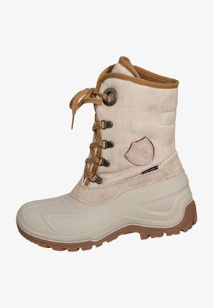 Beige ankle boots with a textured fabric upper, rubber sole, brown laces, and metal eyelets. Features a shield logo on the side.