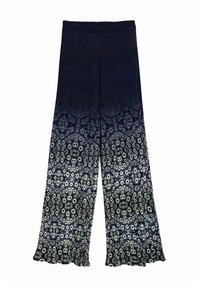 Marineblaue Strickhose mit ausgestelltem Bein, die ein Verlaufsmuster aufweist, das zum Saum hin in hellblau und weiße kreisförmige Motive übergeht.