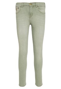 Světle zelené úzké džíny z denimu, s pěti kapsami, zapínáním na knoflíky a jemnými vybledlými detaily na látce.