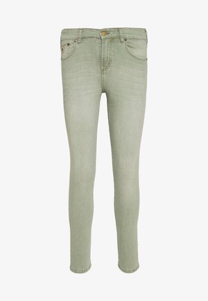 Jeans slim vert clair en denim, dotés de cinq poches, d'une fermeture par bouton et de légers effets délavés sur le tissu.