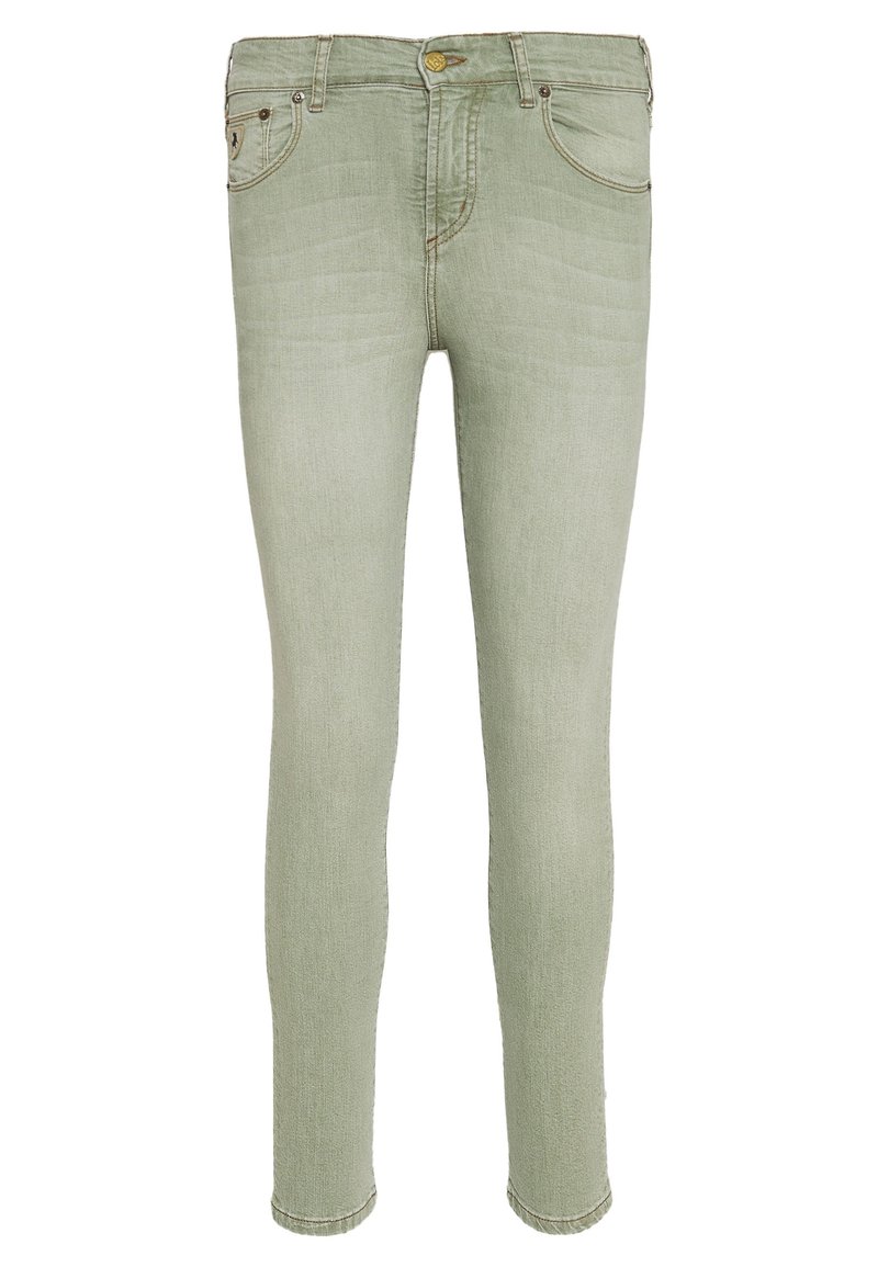 Světle zelené úzké džíny z denimu, s pěti kapsami, zapínáním na knoflíky a jemnými vybledlými detaily na látce.