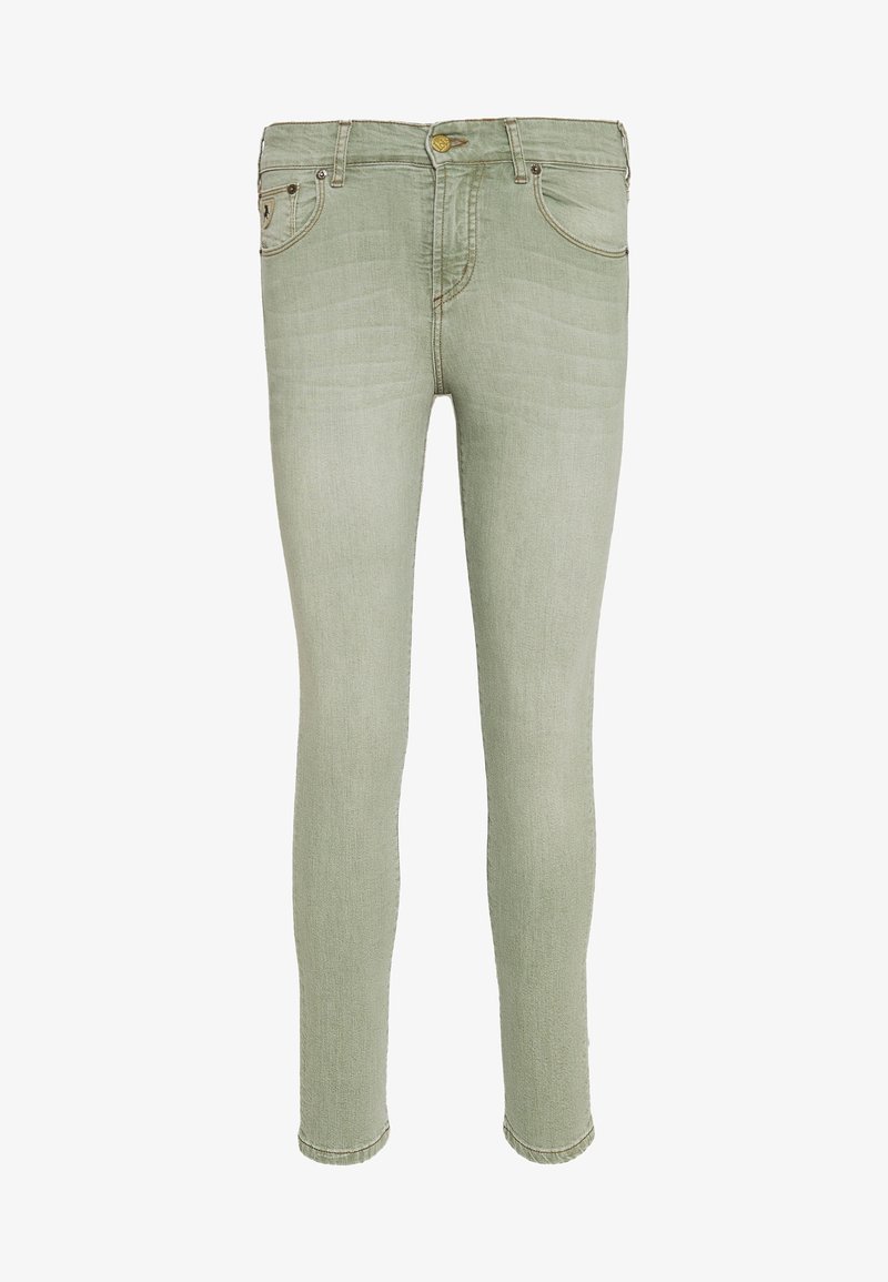 Světle zelené úzké džíny z denimu, s pěti kapsami, zapínáním na knoflíky a jemnými vybledlými detaily na látce.