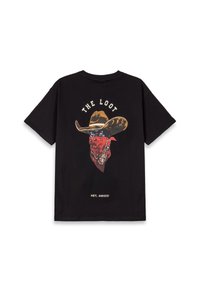 Camiseta de algodón negra con un gráfico colorido de un vaquero, un pañuelo rojo y el texto "THE LOOT" arriba y "HEY, AMIGO!" abajo. Diseño casual.