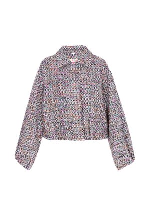 Zkrácená kabátová bunda z tvídu s dlouhými rukávy, vícebarevným tkaným vzorem a klasickým límcem, přední knoflíky skryté pod látkovou légou.