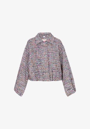 Afgekorte tweedjas met lange mouwen, meerkleurig geweven patroon en een klassieke kraag, voorkant knopen verborgen door een stoffen sluiting.