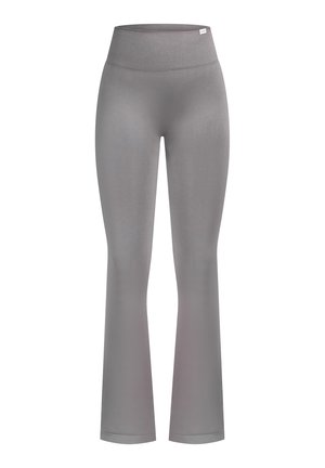 Szare legginsy z rozkloszowanymi nogawkami mają wysoki pas, gładką teksturę i dopasowany krój. Wykonane z elastycznego materiału dla komfortu i swobody ruchów.