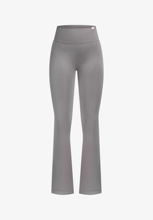 Graue, ausgestellte Leggings mit hohem Bund, glatter Textur und enger Passform. Hergestellt aus dehnbarem Material für Komfort und Bewegungsfreiheit.