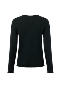 Pull noir à manches longues avec un col rond, fait en tissu tricot doux. Présente une silhouette ajustée et des poignets et un ourlet côtelés.
