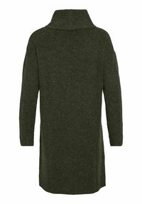Tunic verde lavorato a maglia con colletto alto, maniche lunghe e polsini a coste. Tessuto morbido, taglio di media lunghezza e vestibilità comoda.