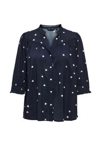 Marineblå skjorte med knapper og halværmer, der har hvide hjerte mønstre og smockede manchetter; blødt stof med en afslappet pasform.