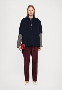 Pullover blu navy oversize con collo a zip, maniche lunghe grigie e dettagli sulle tasche, abbinato a pantaloni a righe bordeaux e scarpe crema a punta.