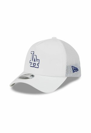 White baseball cap with mesh back, blue "LA" logo embroidered on front, and New Era flag logo on side.