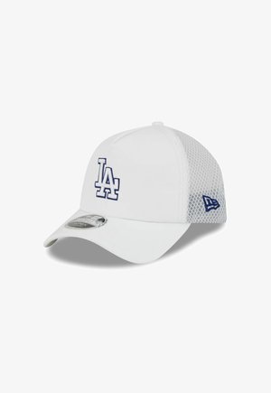 White baseball cap with mesh back, blue "LA" logo embroidered on front, and New Era flag logo on side.