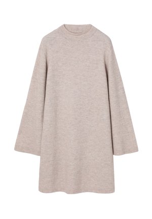 Gaiši bežs, pārlieku liels džemperis, kas izgatavots no mīkstas adītas auduma, ar augstu kakla izgriezumu un platām piedurknēm ar ribotām aprocēm.