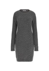 Abito lungo grigio lavorato a maglia con collo tondo, maniche lunghe e motivo a treccia caratterizzato da forme a diamante e polsini a coste.