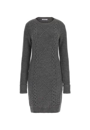 Hallikoonitud hall kleit, millel on ümmargune kaelus, pikad varrukad ja kettinitsaga muster, mis sisaldab teemantikujundeid ning soonikkoes sääreosad.