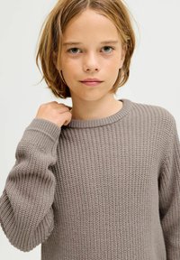 Helle beigem gestrickter Pullover mit strukturiertem Muster, geripptem Kragen und Bündchen. Lange Ärmel, lockere Passform, geeignet für legere Anlässe.