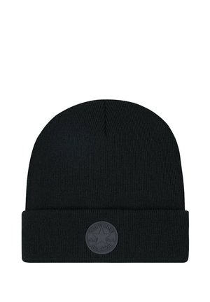 Berretto nero lavorato a maglia con risvolto piegato e toppa tonda monocromatica con logo Converse All Star al centro davanti del risvolto.