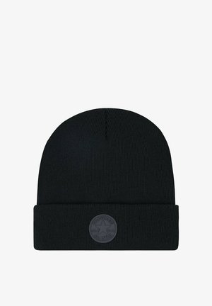 Berretto nero lavorato a maglia con risvolto piegato e toppa tonda monocromatica con logo Converse All Star al centro davanti del risvolto.