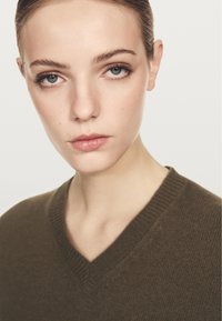 Giovane con pelle chiara, occhi blu e capelli castani raccolti, indossa un maglione marrone a V, guarda diritto davanti a sé su uno sfondo bianco.