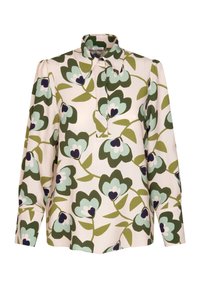 Blusa a maniche lunghe con colletto, caratterizzata da un motivo floreale in verde, blu chiaro e viola scuro su uno sfondo beige. Tessuto morbido.