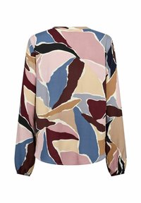 Long-sleeve blouse featuring an abstract multi-color pattern in shades of pink, blue, brown, and black, with a rounded neckline and gathered cuffs.