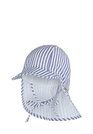 Blau-weiß gestreifter Sonnenhut mit Nackenschutz, vorne breiter Krempe und Bändern zum Befestigen unter dem Kinn.