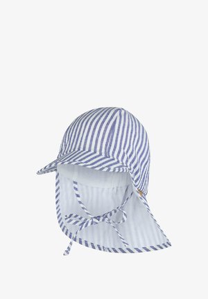 Blue and white striped sun hat with neck flap, front brim, and ties for securing under the chin.