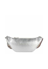 Marsupio metallico argento con superficie liscia e texture, forma curva, chiusura con zip e cinturino regolabile caratterizzato da un motivo colorato.