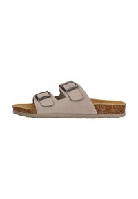 Beige Wildleder-Sandale mit zwei verstellbaren Riemen und silbernen Schnallen, Korkzwischensohle und strukturiertem Gummisohle für zusätzlichen Grip.